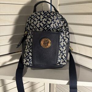 Tommy Hilfiger Mini Backpack Navy Blue Geometric Print Gold Logo 8x8